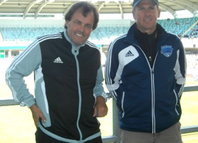 Encinitas Express DOC Guy Newman and President Kent Coykendall at Gamla Ullevi in Sweden
