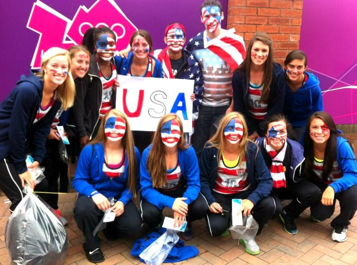 ECNL players and coaches show their spirit at the 2012 London Olympics. Photo Credit: Sarah Kate Noftsinger 