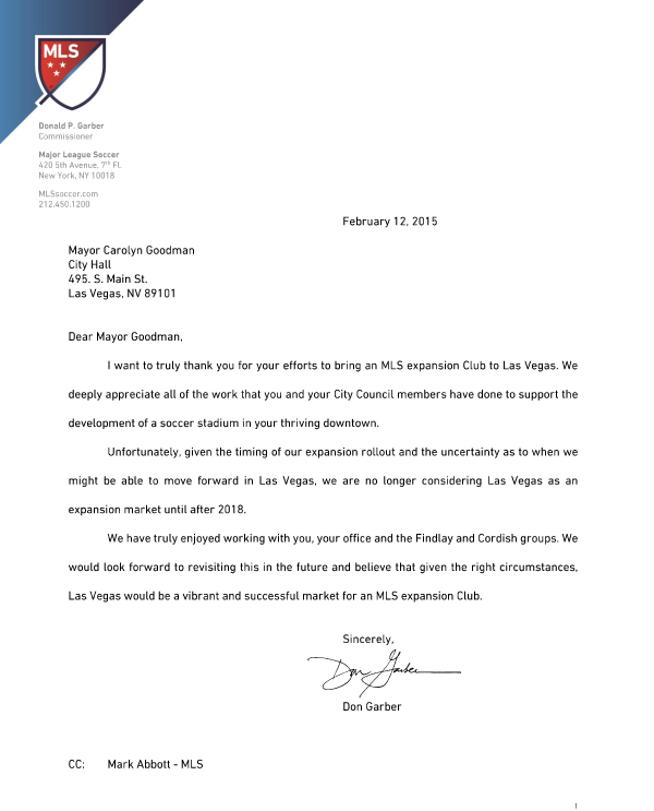 MLS letter to Las Vegas Mayor Goodman