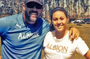 Albion SC Coach Noah Kooiman with Téa Carrillo. Photo Credit: Tamara Carillo
