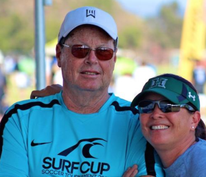 soccerloco Surf Cup Director Mike Connerley with Michele Nagamine, Head Coach at University of Hawaii. Photo Courtesy of Dave Dawson - soccerloco Surf Cup