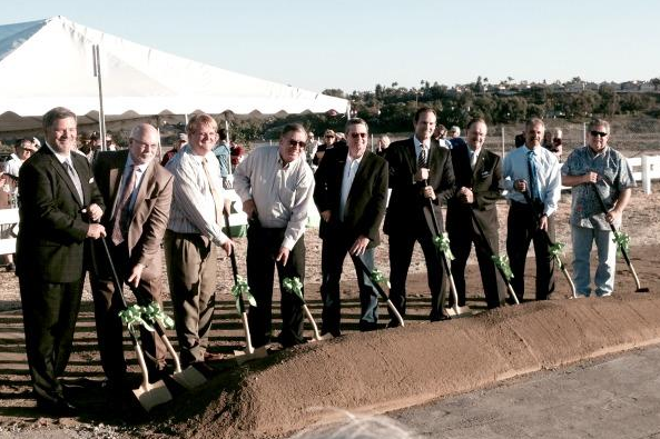 Among those at the ceremonial groundbreaking in November 2013 were Pat Collins (second from left), Mike Connerley (center), Colton Sudberry of developer Sudberry Property, Charlie Abdi (left) and Oceanside Mayor Jim Wood. Photo courtesy of Pat Collins