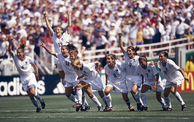 Soccer: FIFA World Cup Final: Overall view of Team USA players victorious on field after winning match vs China at Rose Bowl Stadium. Pasadena, CA 7/10/1999 CREDIT: Peter Read Miller (Photo by Peter Read Miller /Sports Illustrated/Getty Images) (Set Number: X58265 TK3 R5 F5 )