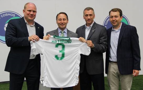 Left to right: NY Cosmos Chief Operating Officer Erik Stover, Westchester County Executive Robert P. Astorino, NY Cosmos Director of Training and Development John Fitzgerald and Vice President of Programming at the House of Sports Frank Lombardy. Photo by Brendan Murnane