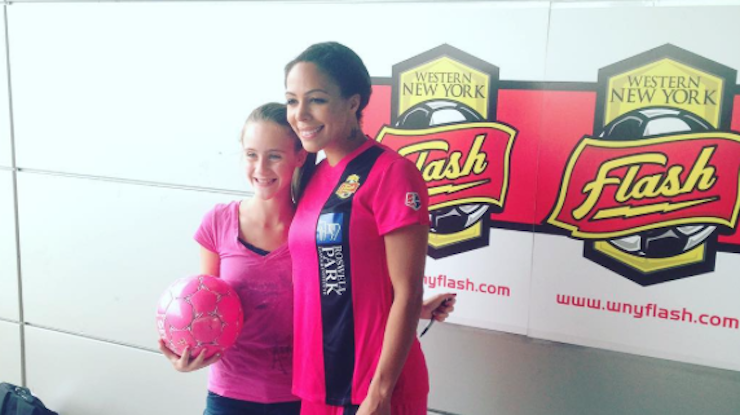 Sydney Leroux with fans at the annual pink game. Photo Courtesy of Instagram/@wnyflash.