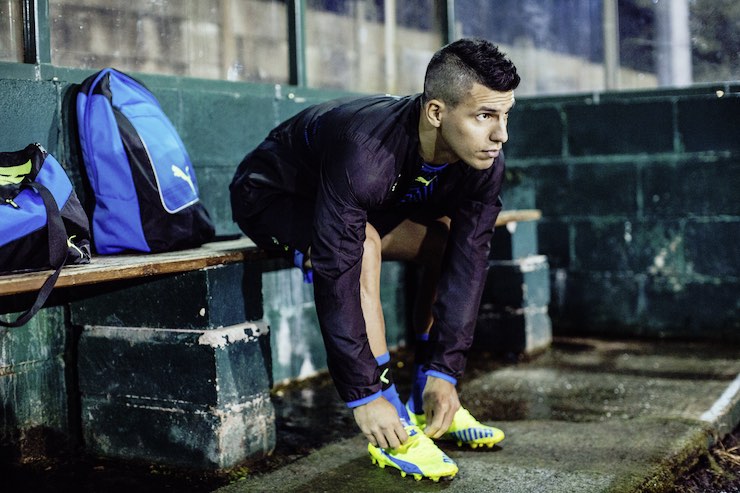 Sergio Agüero shows off his evoSPEED SL-S his new super lightweight lets from Puma with the durable synthetic upper