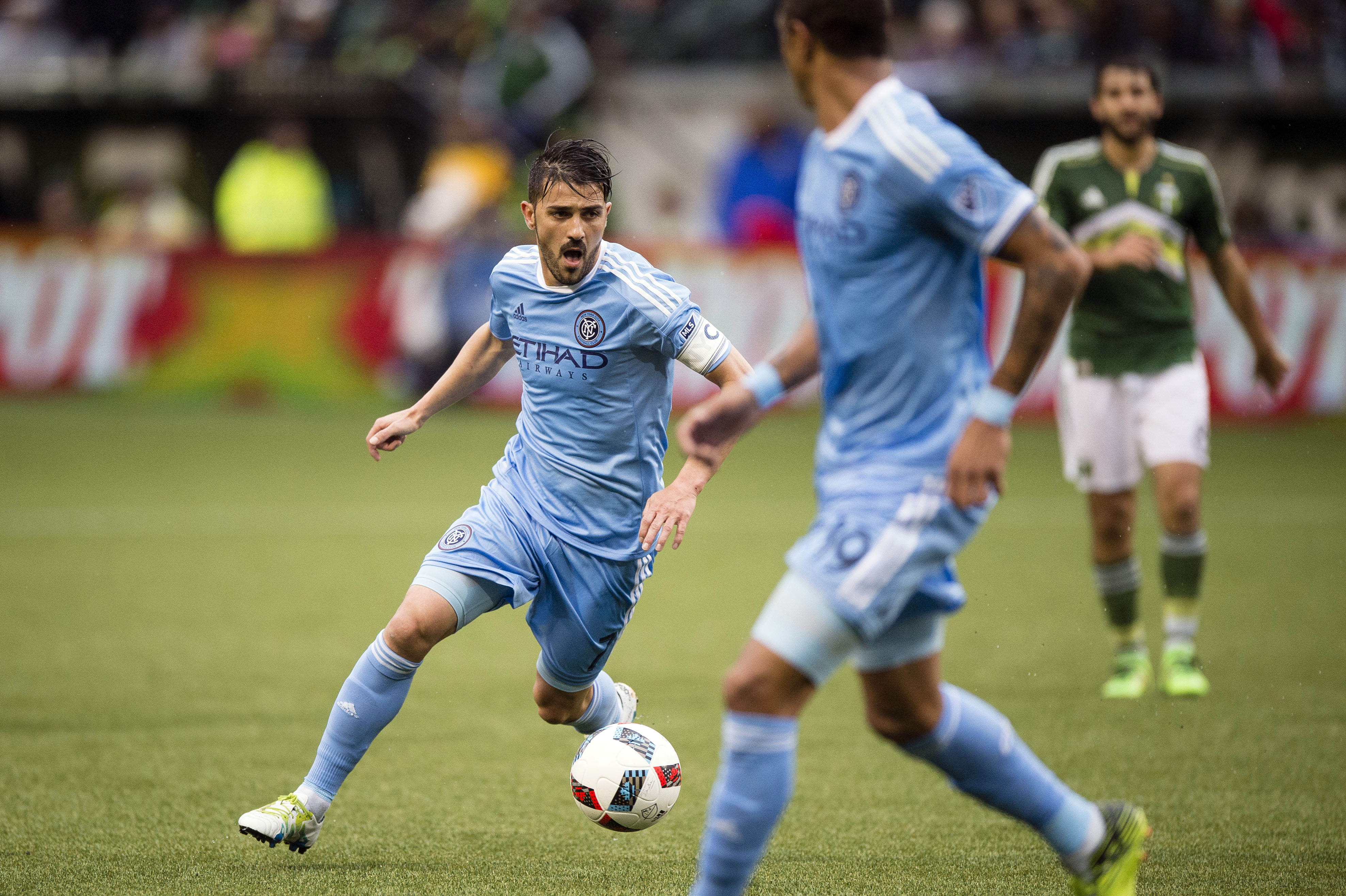 May 15, 2016; Portland, OR, USA; New York City FC forward David Villa (7) takes the ball up field during the second half against the Portland Timbers at Providence Park. New York FC won 2-1. Mandatory Credit: Troy Wayrynen-USA TODAY Sports