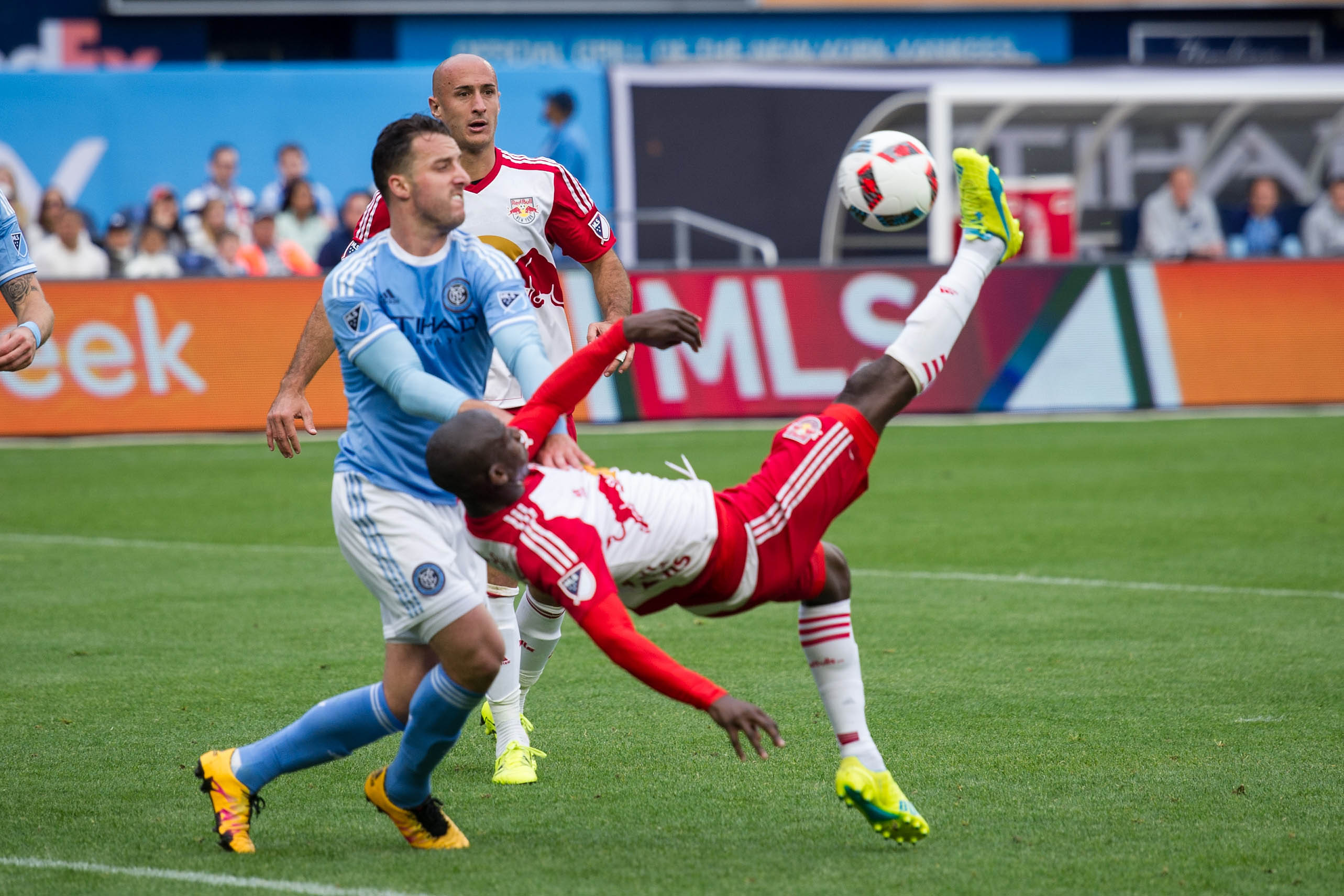 May 21, 2016; New York, NY, USA; New York Red Bulls forward Bradley Wright-Phillips (99) scores a goal with a bicycle kick against the New York FC in the first half at Yankee Stadium. Mandatory Credit: William Hauser-USA TODAY Sports