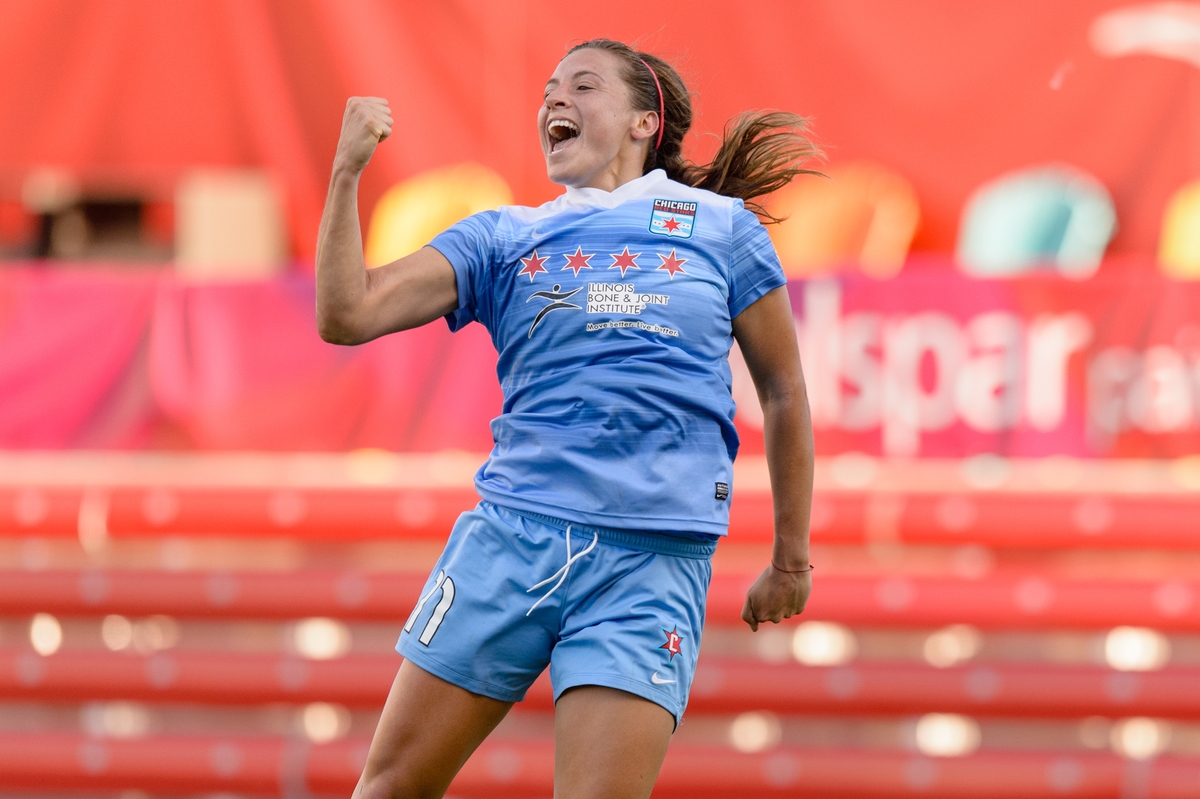 Bridgeview, IL - Sunday May 29, 2016: Chicago Red Stars forward Sofia Huerta (11) celebrates scoring during a regular season National Women's Soccer League (NWSL) match at Toyota Park.