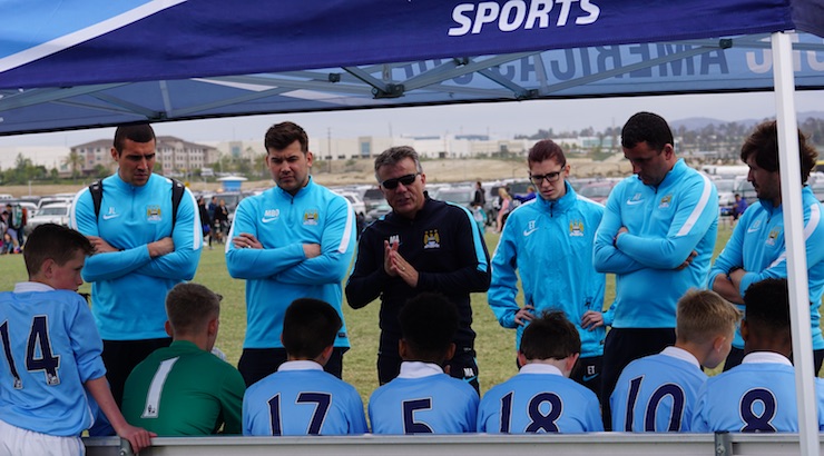Youth Soccer News - Academy Director Mark Allen talking to his MCFC Academy team at the MCFC Americas Cup in San Diego