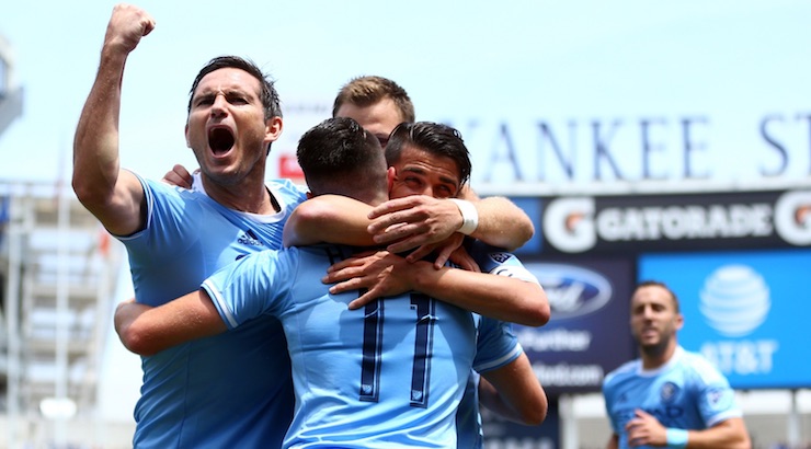 Soccer News: New York City FC midfielder Jack Harrison (11) celebrates with midfielder Frank Lampard (8) and forward David Villa (7) after scoring a goal against the New York Red Bulls during the first half at Yankee Stadium. Mandatory Credit: Brad Penner-USA TODAY Sports