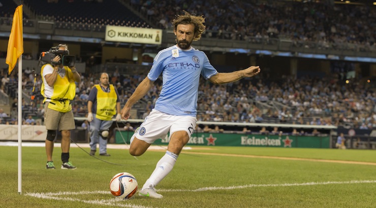 Andrea Pirlo (21) of NYC FC performs corner during game between New York City FC and Toronto FC at Yankee Stadium