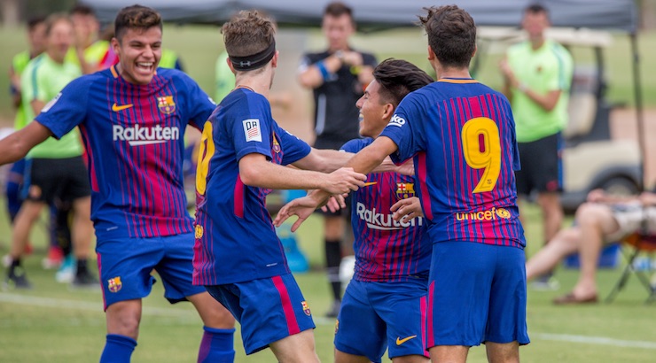 youth soccer news: Barca Academy U19 DA team celebrating a goal in their first match on September 2, 2017
