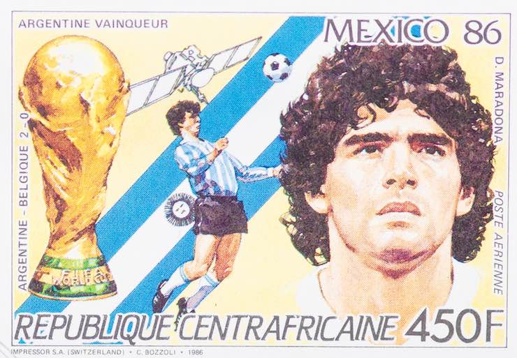 Soccer news - postage stamp printed in Central African Republic showing an image of Diego Armando Maradona, circa 1986 - Editorial Credit- catwalker / Shutterstock.com
