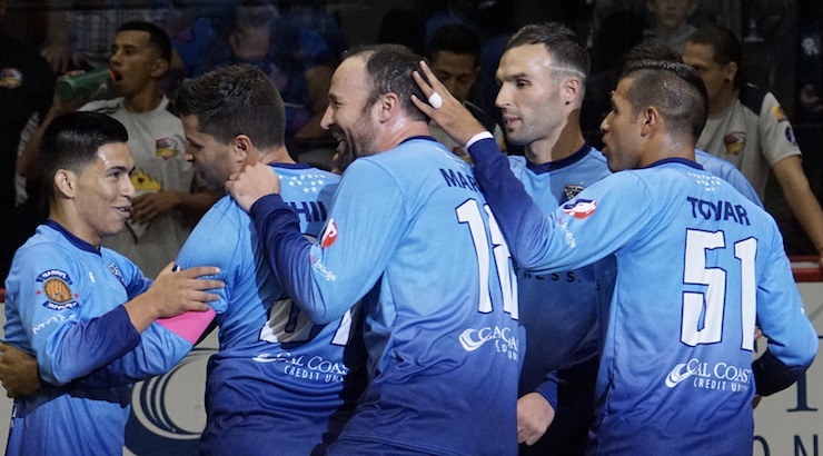 Soccer news: San Diego Sockers celebrate a goal in the 2016 Home Opener against Turlock Express