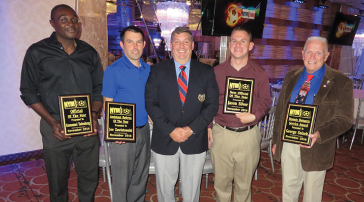 From left to right: Official of the Year Emmanuel Tadonkeng, Assistant Referee of the Year Joe Zawistowski, NYMISOA President John Puglisi, New Official of the Year Jason Silver, Dennis Botsaris Service Award recipient George Snizek.