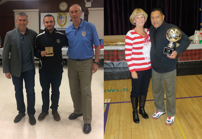 In New York from left to right: Ref Konstantin Veltchev, Golden Whistle recipient Alex Focea and NYSRA President Vito Rizzi. On Long Island, from left to right: LISRA President Cathy Caldwell and Silver Whistle Award recipient Jose Aparicio.