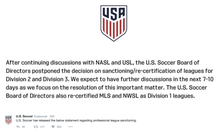 Soccer News - U.S. Soccer Tweet on NASL