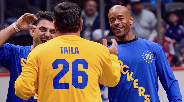 Soccer news - San Diego Sockers coach Ray Taila greets George Katakalidis and Paul Wright at the San Diego Sockers Legends game 2017