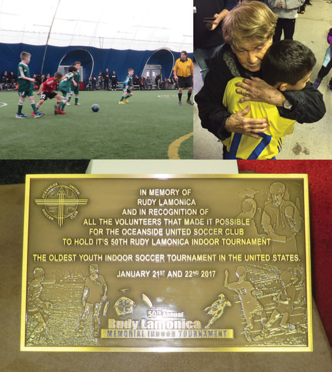 Clockwise from left to right: Floral Park Tomahawks in green and Plainedge Thunder in red during Boys-Under-10 action in the 50th annual tournament. Bessie Lamonica hugging a tournament player. Plaque honoring Rudy Lamonica. 