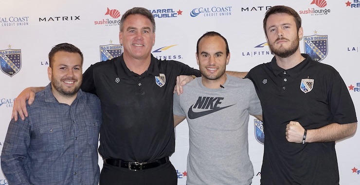 MLS to SD - Landon Donovan visits with the San Diego Sockers before the Celebrity Match on March 12. From left to right: Ian Cook, Sean Bowers, Landon Donovan and Nate Abaurrea