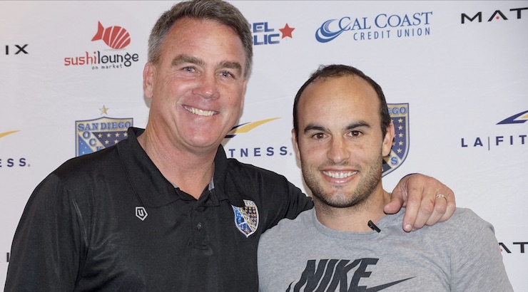 Sean Bowers with Landon Donovan at the San Diego Sockers meeting to discuss the Celebrity Halftime game. Photo Credit- Diane Scavuzzo