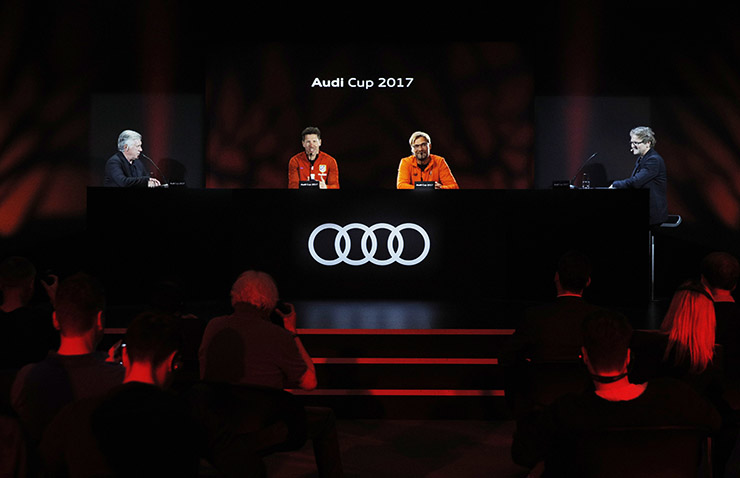 MUNICH, GERMANY - MAY 12: Carlo Ancelotti head coach of FC Bayern Munich, Diego Simeone head coach of Atletico de Madrid, Juergen Klopp head coach of Liverpool FC, and Dieter Nickles club spokesman FC Bayern Munich soeak to the media during the Audi Cup 2017 Hologram-Press Conference at the FC Bayern Training Grounds on May 12, 2017 in Munich, Germany. (Photo by Adam Pretty/Getty Images)