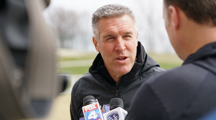 Sporting KC's Manager Peter Vermes being interveiwed by the media