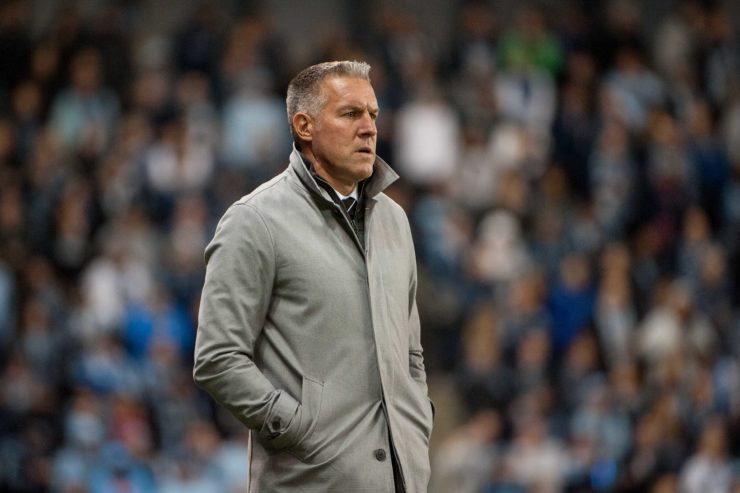 Mar 4, 2018; Kansas City, KS, USA; Sporting Kansas City head coach Peter Vermes looks on during the first half against New York City FC at Children's Mercy Park. Mandatory Credit: Amy Kontras-USA TODAY Sports