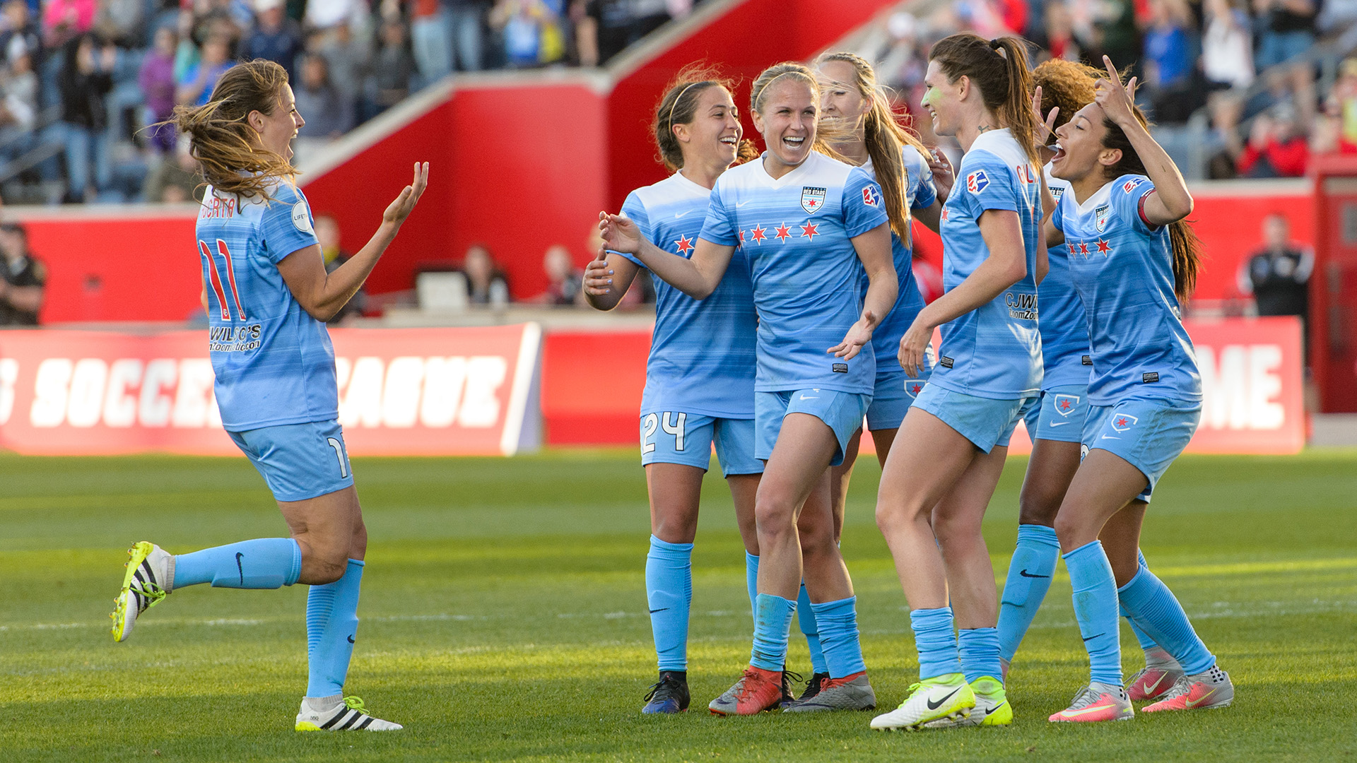 Bridgeview, IL - Sunday May 14, 2017: Sofia Huerta, Danielle Colaprico, Alyssa Mautz, Arin Gilliland, Christen Press during a regular season National Women's Soccer League (NWSL) match between the Chicago Red Stars and the Boston Breakers at Toyota Park.