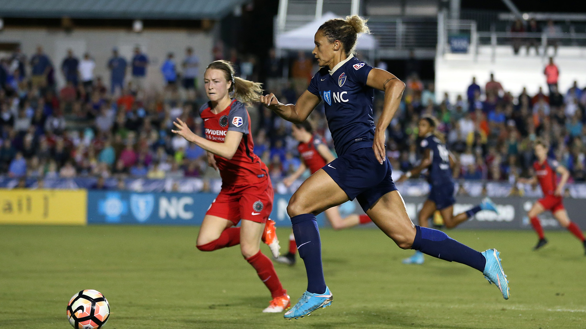 Cary, NC - Saturday April 22, 2017: Lynn Williams, Emily Sonnett during a regular season National Women's Soccer League (NWSL) match between the North Carolina Courage and the Portland Thorns FC at Sahlenís Stadium at WakeMed Soccer Park.