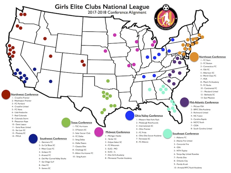 Youth Soccer News: ECNL Club Map for 2017/18 Girls soccer season