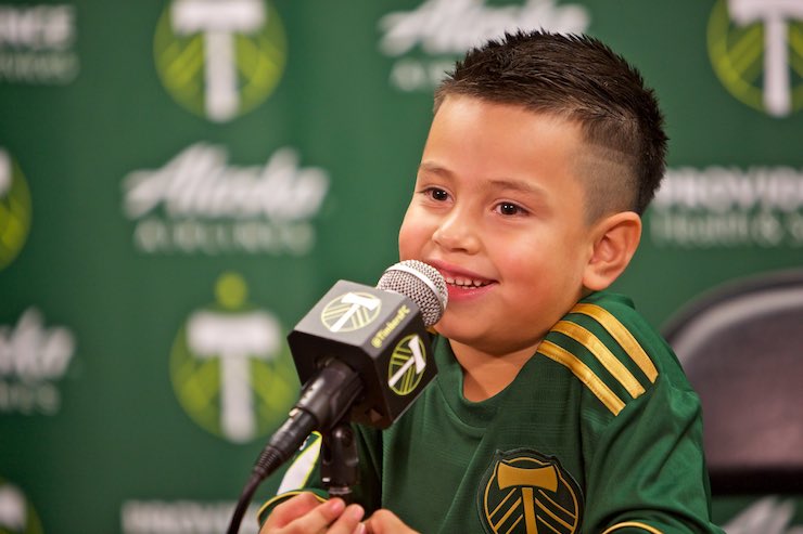 Portland Timbers goalkeeper Derrick Tellez, who signed with the club on Sept. 20 through Make-A-Wish Oregon, conducts his first press conference at Providence Park in Portland, Ore.