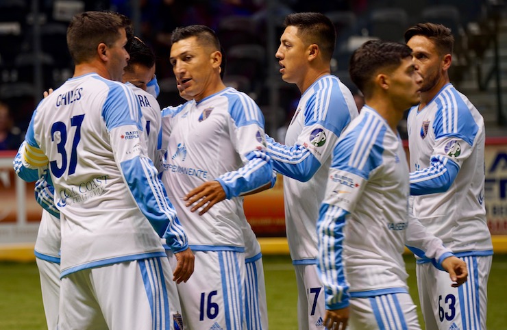 Kraig Chiles celebrates a goal with his teammates at the SD Sockers home opener 2017