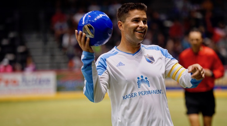 San Diego Sockers Captain Kraig Chiles scores on Kraig Chiles - Captain of the San Diego Sockers throws a ball to fans after scoring in tonights match against the Syracuse Silver Knights