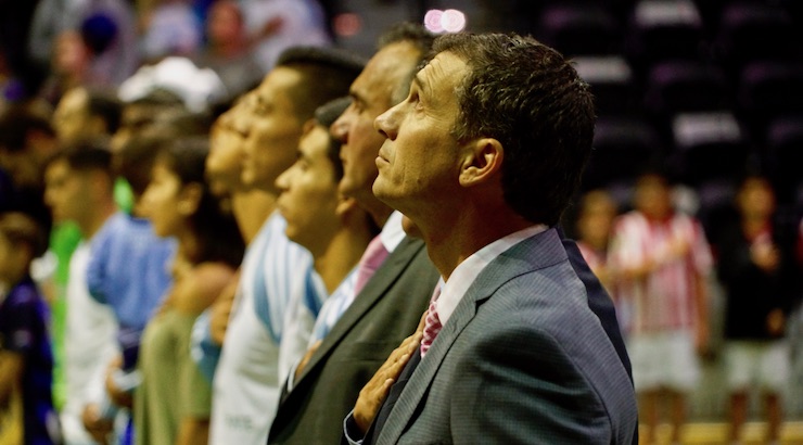 Soccer News: SD Sockers Head Coach Phil Salvagio listens to national anthem before the match
