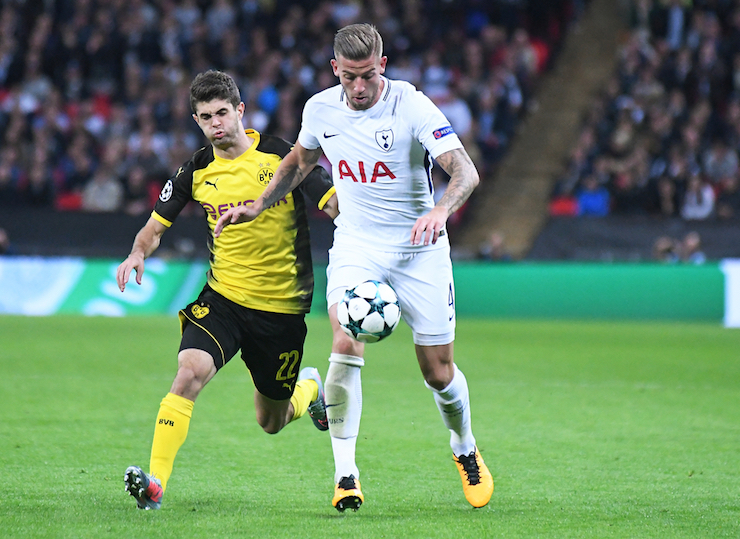 Youth soccer news: LONDON, UK - SEPTEMBER 13, 2017: Christian Pulisic and Toby Alderweireld pictured during the UEFA Champions League Group H game between Tottenham Hotspur and Borussia Dortmund at Wembley Stadium. Editorial Credit: Shutterstock