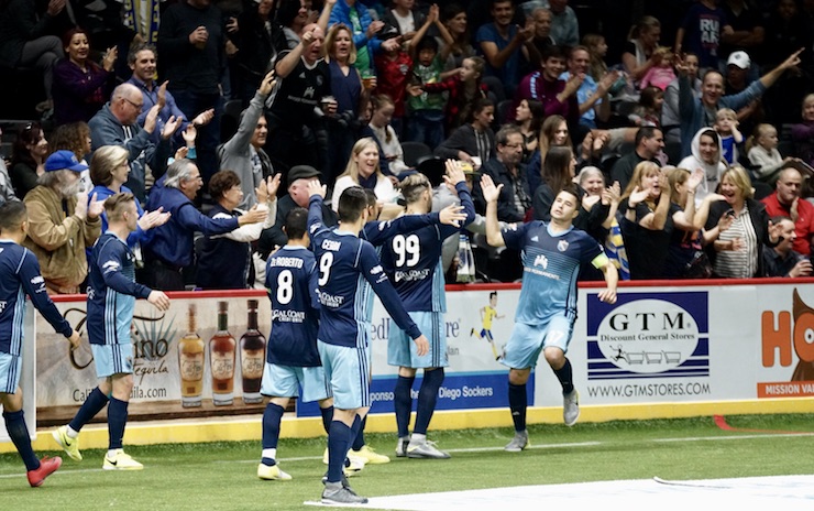 Captain Kraig Chiles scores for his team, the San Diego Sockers as they defeat Sonora on February 11, 2018. Photo Credit: Diane Scavuzzo