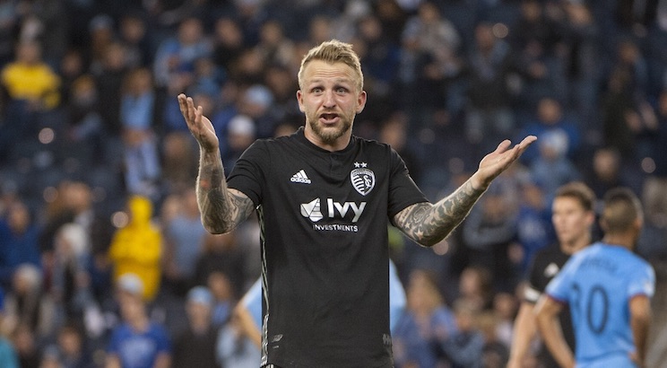 Mar 4, 2018; Kansas City, KS, USA; Sporting Kansas City forward Johnny Russell (7) reacts after a call by a referee during the second half against New York City FC at Children's Mercy Park. Mandatory Credit: Amy Kontras-USA TODAY Sports