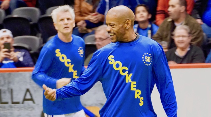 San Diego Sockers News - Paul Wright in the 2017 San Diego Sockers Legends Game - Brian Quinn in the background