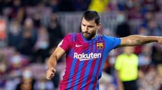 Sergio Kun Aguero in action during the La Liga match between FC Barcelona and Alaves at the Camp Nou Stadium on October 30, 2021 in Barcelona, Spain.